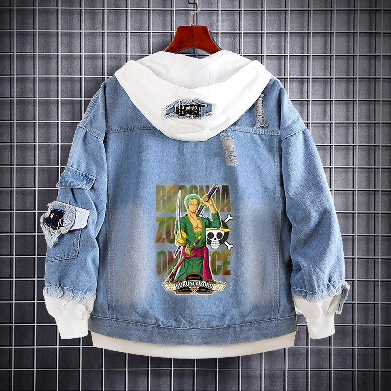 Zoro featured on One Piece denim jacket, back view with anime design.