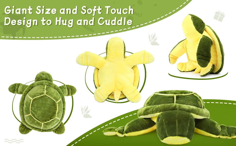 Large cuddly sea turtle stuffed animal, green, detailed shell pattern