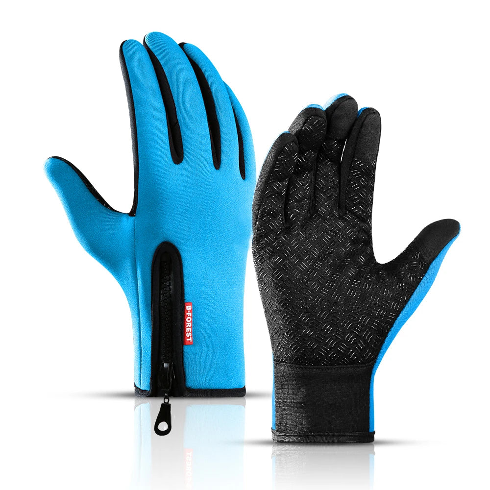 Winter gloves on hand, using phone with secure grip.