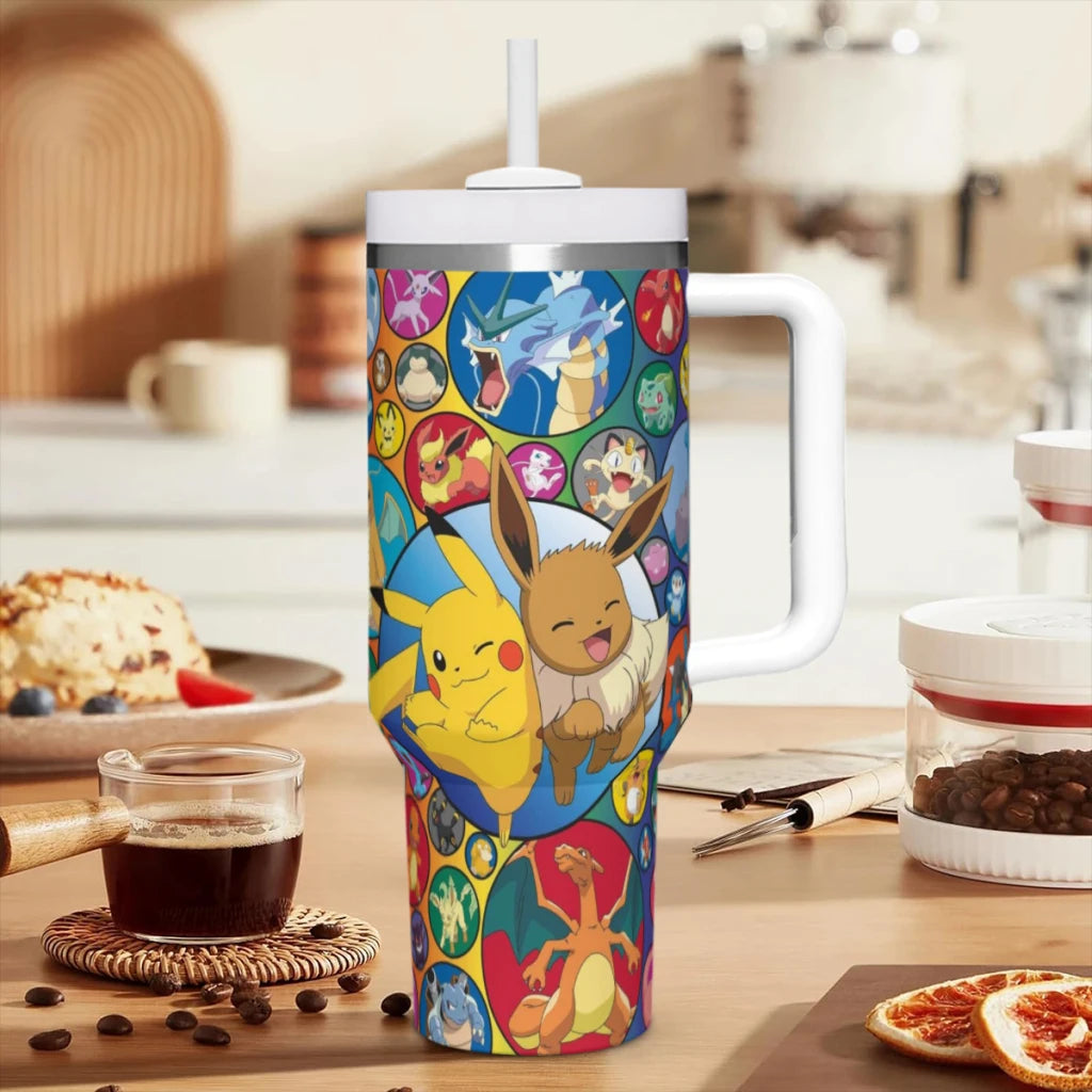 MINISO Pokemon Tumbler, 40oz, stainless steel, Charmander design with flames, handle and straw.