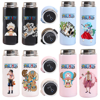 One Piece Thermos featuring Luffy, Uta, and Yamato, with a smart temperature display.