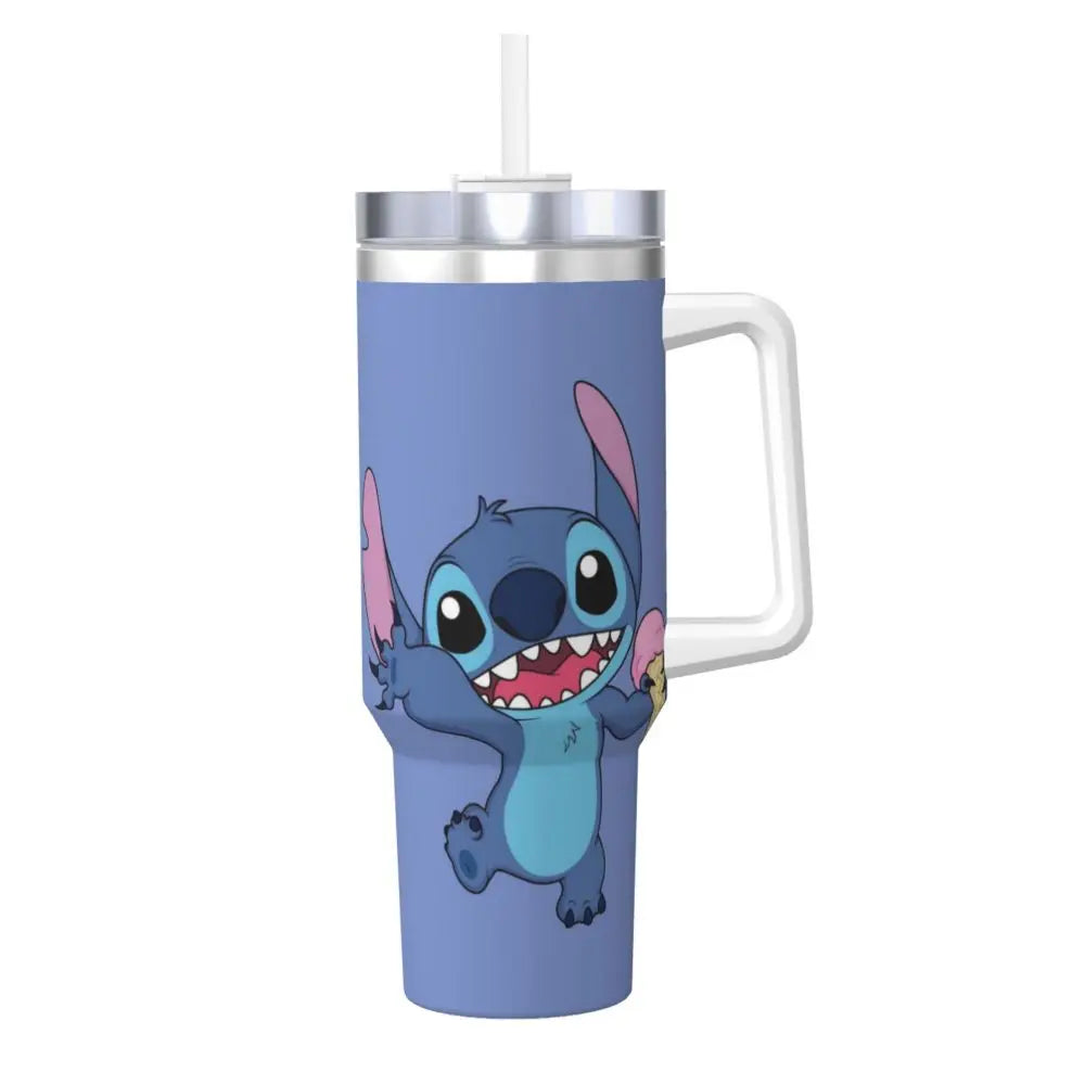 Stitch-themed 40oz tumbler, MINISO, base view showing non-slip bottom, insulated.