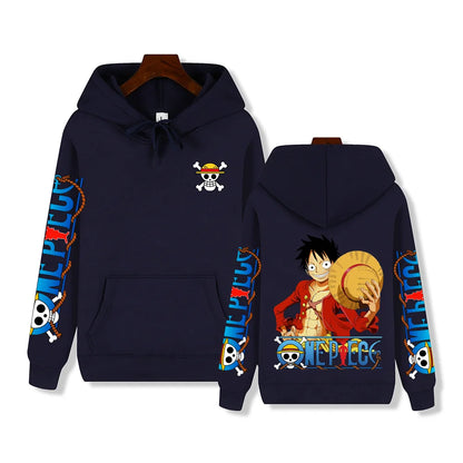 One Piece Luffy hoodie for men, cozy anime fashion, ideal for cold weather.