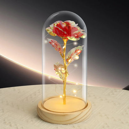 Preserved rose in glass dome with LED fairy lights, romantic gift.