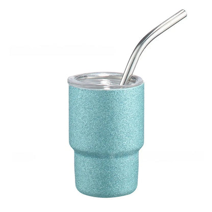 Blue 3 oz glitter tumbler, insulated stainless steel, keeps drinks hot & cold.