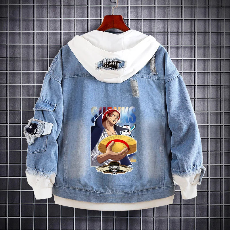 One Piece denim jacket, front view featuring Luffy, Zoro, and Ace.