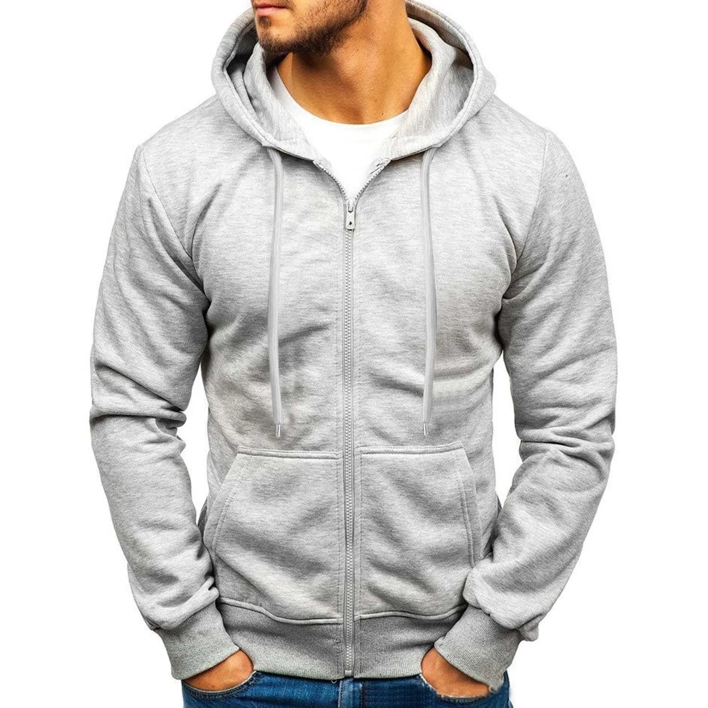 Men's Heather Gray Fleece Hoodie - Showing Kangaroo Pocket Detail