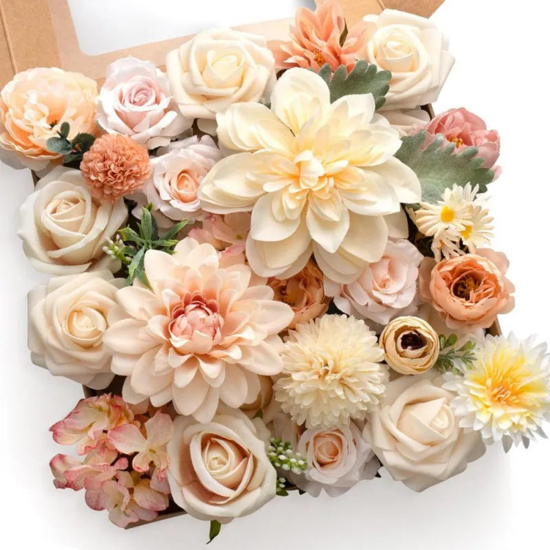 DIY wedding bouquet kit with assorted silk flowers and decorative box.