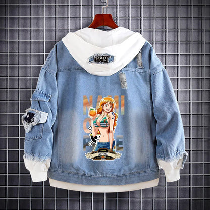 Ace portrayal on One Piece denim jacket, side profile showcasing flames.