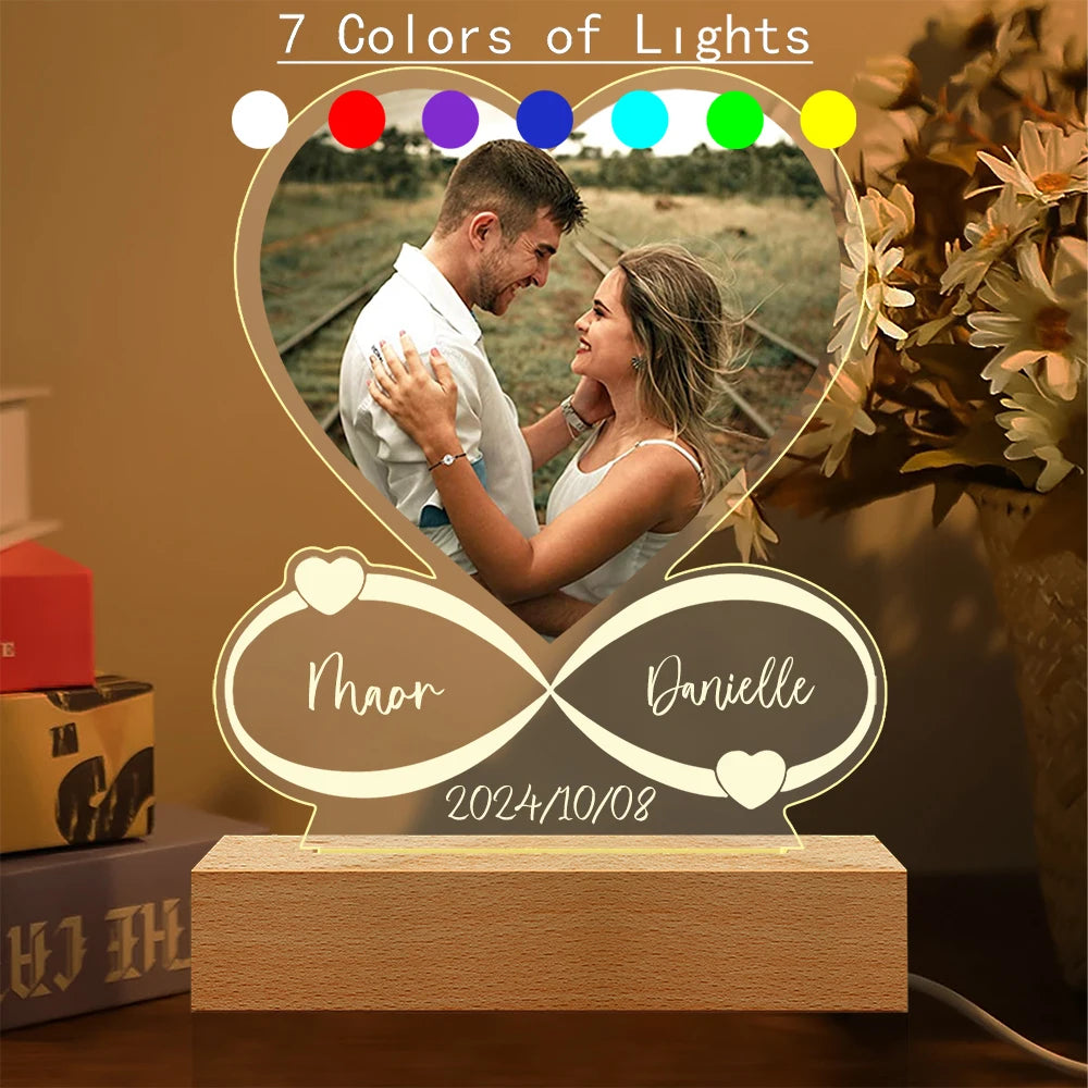 Personalized Couple's Frame: LED Light Detail on Custom Photo Display.