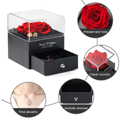 Romantic gift, preserved rose in box, detailed side view