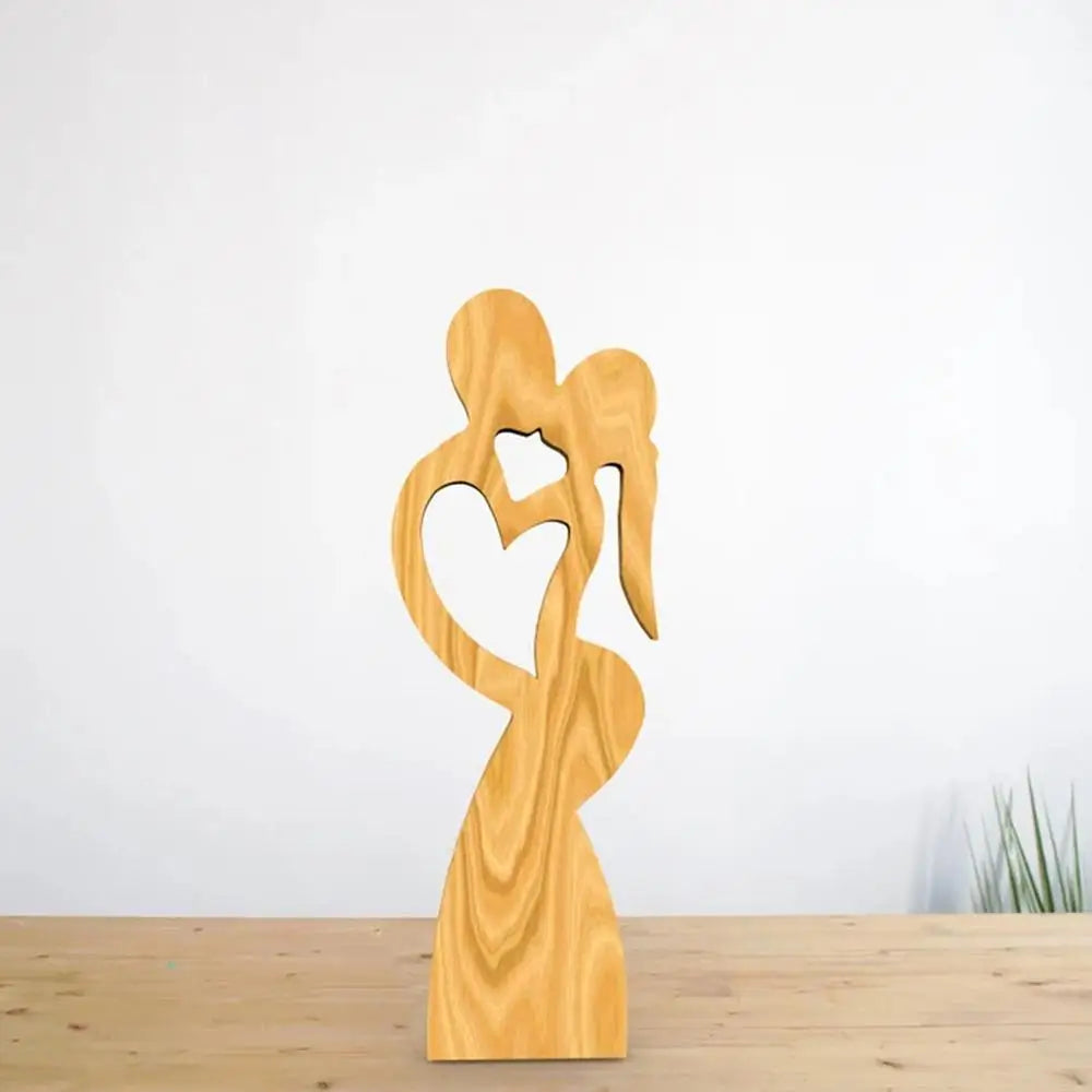 Wooden couple statue, close-up of intricate hand-carved details, Valentine's Day.