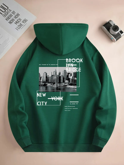 Men's hoodie with hood up, city print detail, perfect for him.