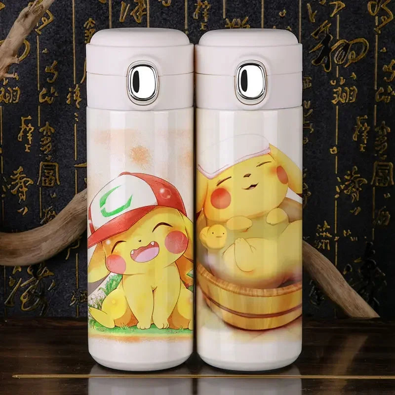 Official Pokemon Water Bottle - Side view, stainless steel, leak-proof lid.