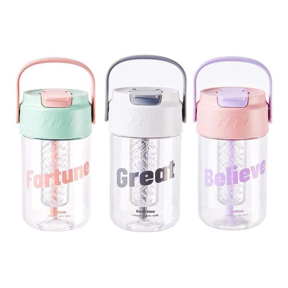 600ml pink water bottle, eco-friendly, leak-proof with straw, built-in handle for easy carrying.