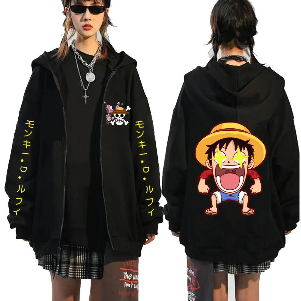 One Piece Anime Hoodie: Zipper Detail. (Emphasizes specific element)