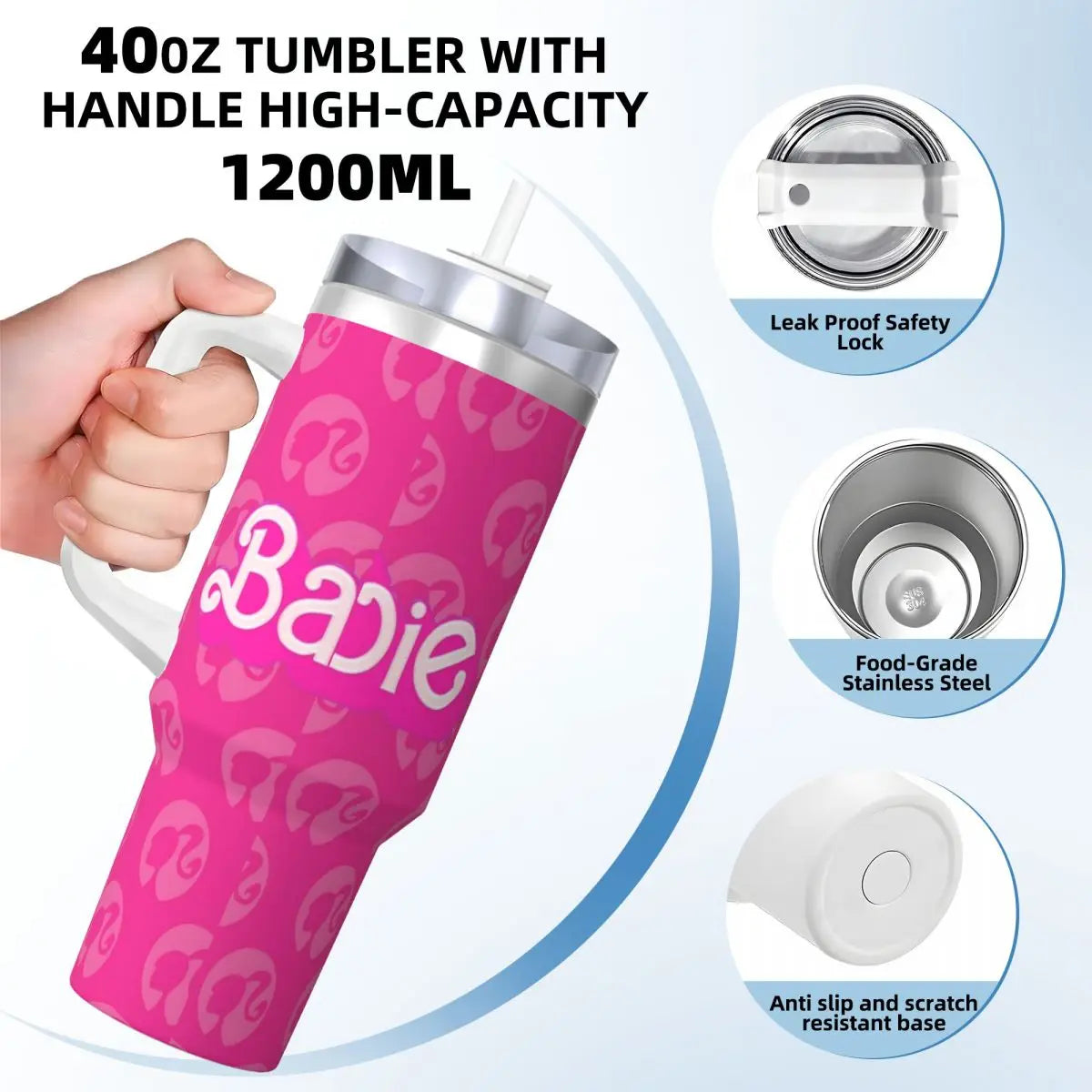 MINISO 40 oz Stainless Steel Tumbler, Barbie Design, Pink, Handle, Straw, Insulated