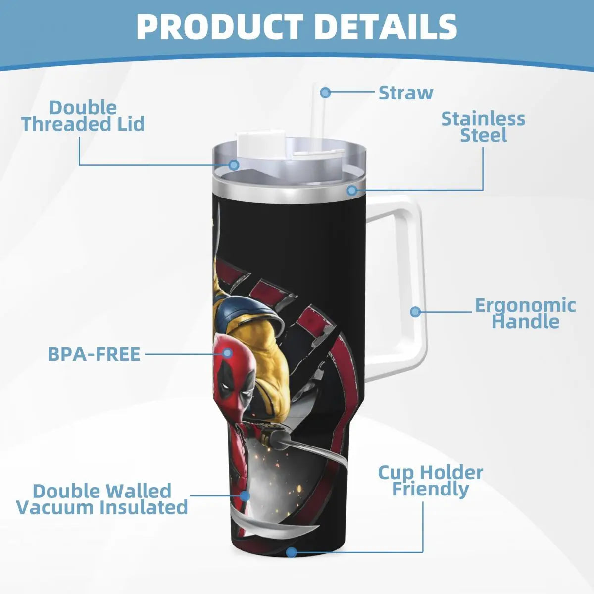 Detailed View of Deadpool & Wolverine Artwork on a 40oz Stainless Steel Tumbler. (Emphasizes the design and product size)