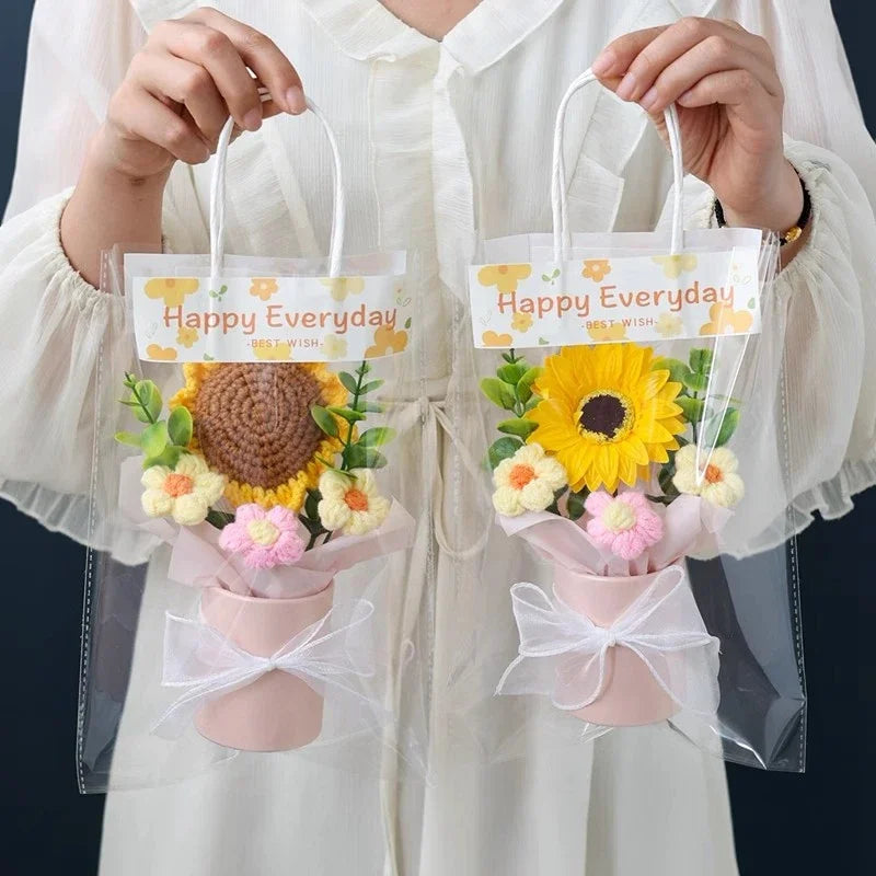 Crochet sunflower and rose bouquet in paper pot, handmade gift.