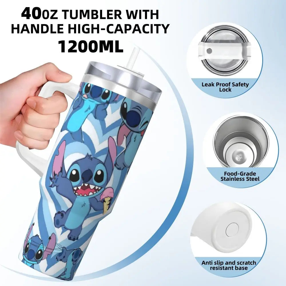 MINISO Stitch 40oz tumbler, close-up on Stitch graphic, insulated with handle and straw.