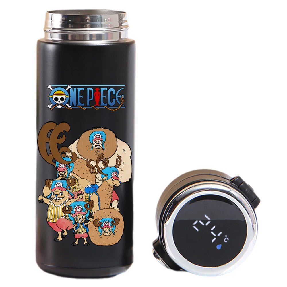 Thermos cup featuring Luffy, Uta, Yamato from One Piece, smart display.