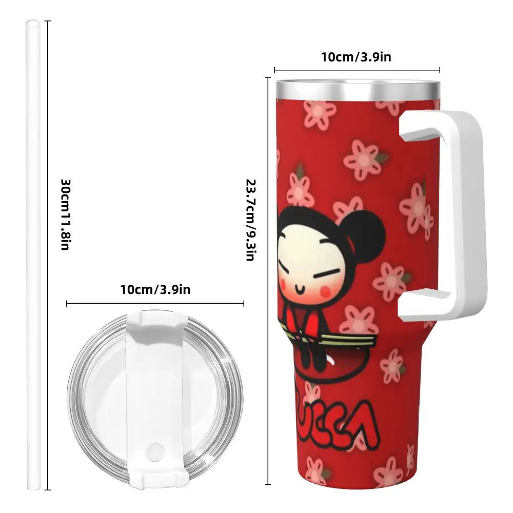 40oz Pucca tumbler, yellow, stainless steel, insulated, handle & straw included.