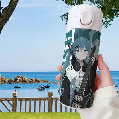 Hatsune Miku thermos, close-up of chibi Miku design, stainless steel.