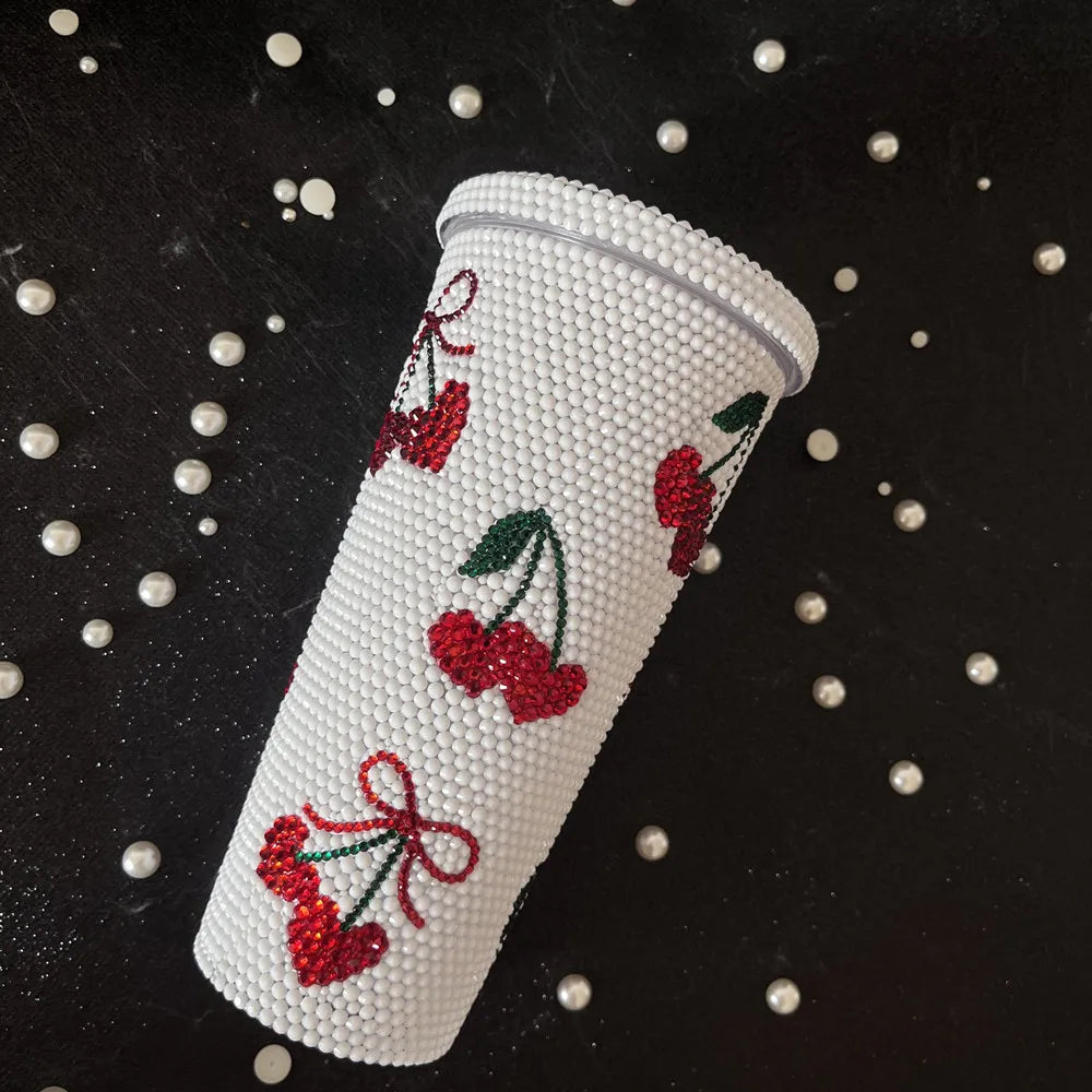 22oz white tumbler, red cherry design, rhinestone accents, straw included.