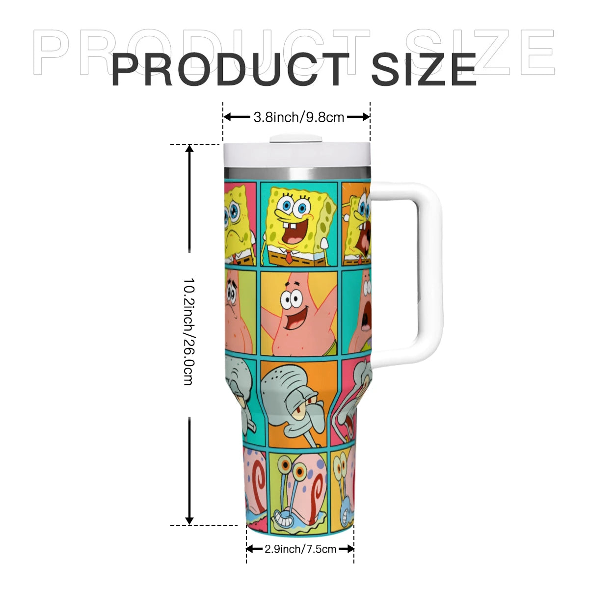 Insulated SpongeBob tumbler, 40 oz, stainless steel, handle, straw, detailed design.