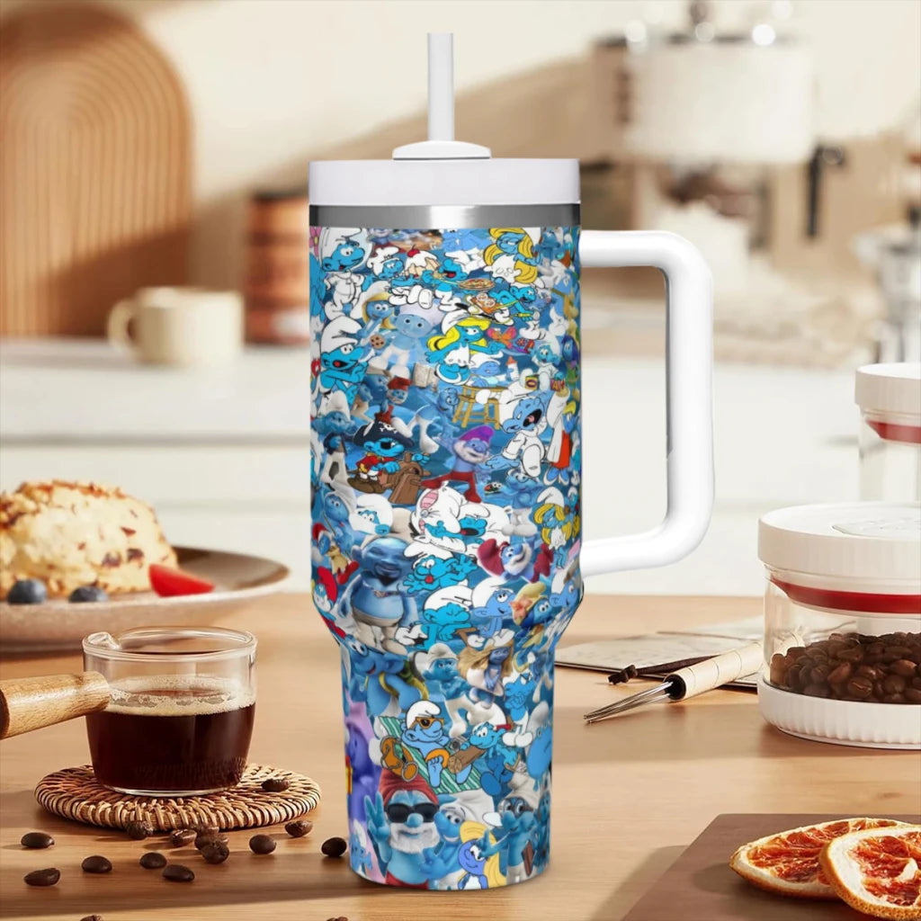 Insulated Smurfs tumbler, 40oz, stainless steel, with straw.