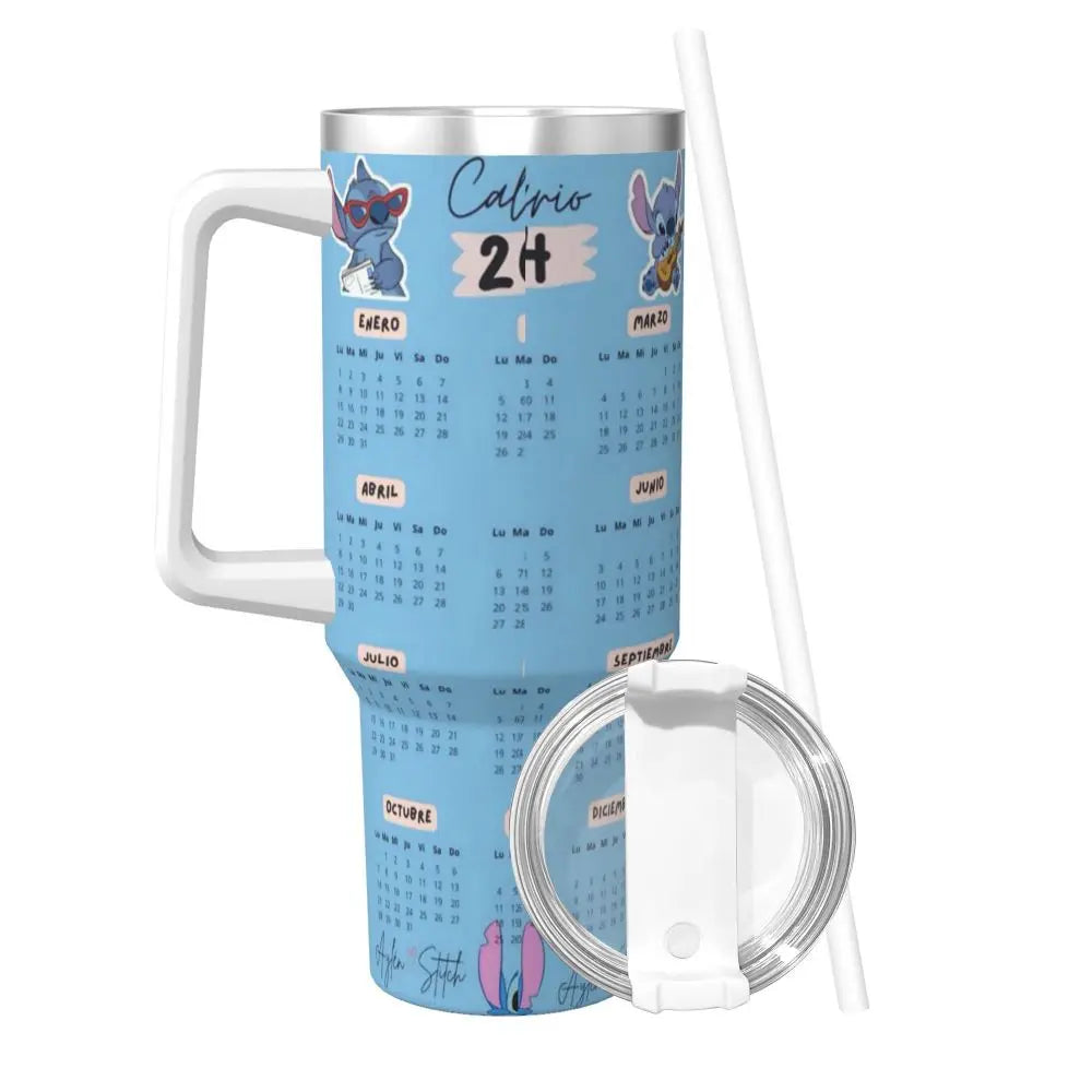 Stitch-themed 40oz tumbler, MINISO, base view showing non-slip bottom, insulated.