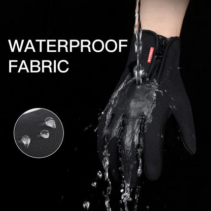 Water-resistant black winter gloves, outdoor use.