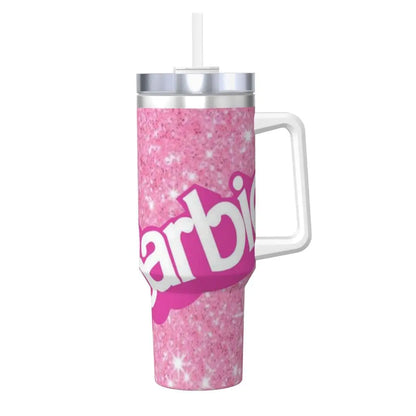 MINISO 40 oz Stainless Steel Tumbler, Barbie Design, Pink, Handle, Straw, Insulated