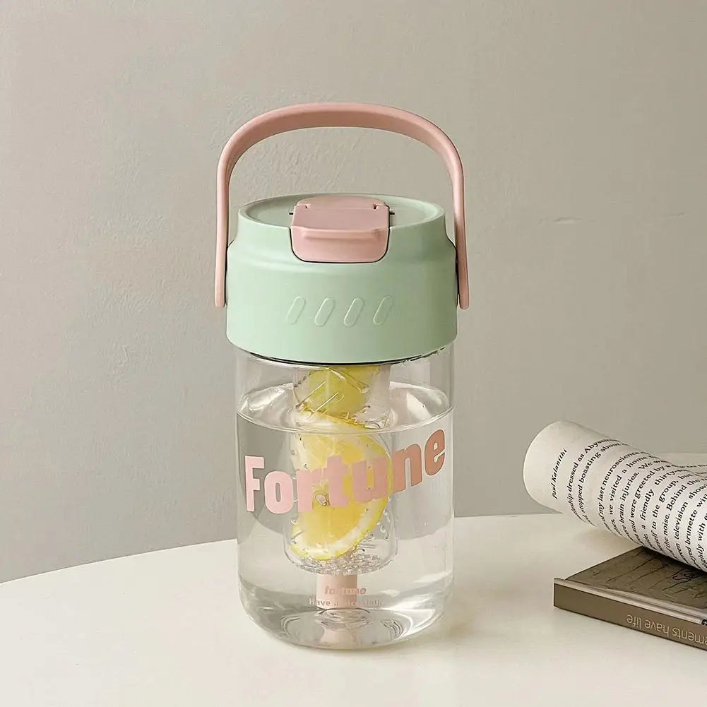 Spill-proof pink water bottle, 600ml, eco-friendly plastic, convenient straw and handle included.