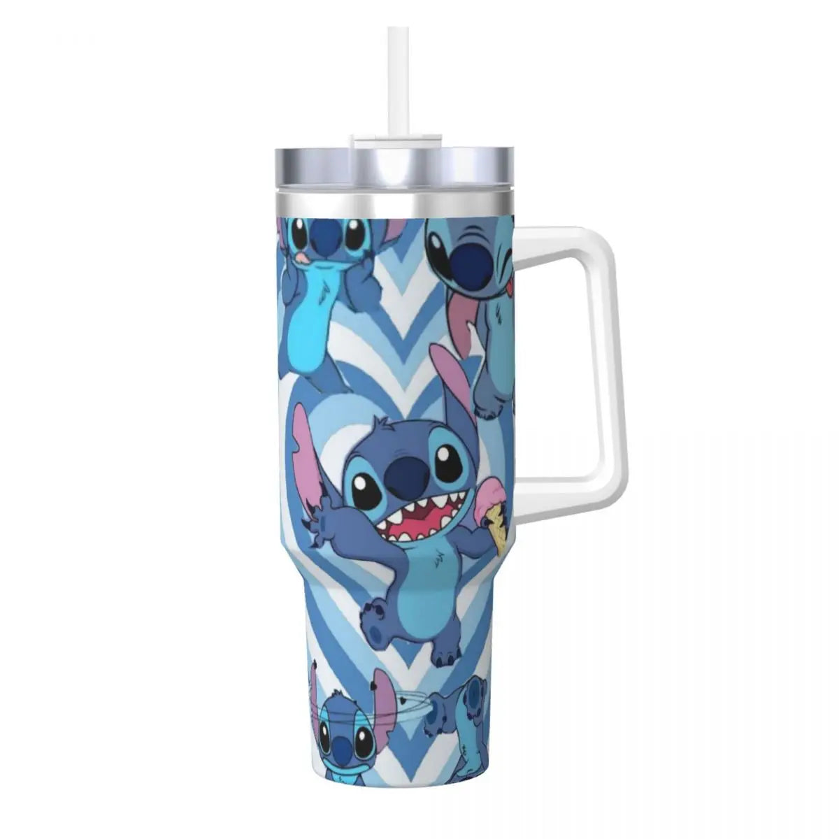 MINISO Stitch 40oz tumbler, close-up on Stitch graphic, insulated with handle and straw.