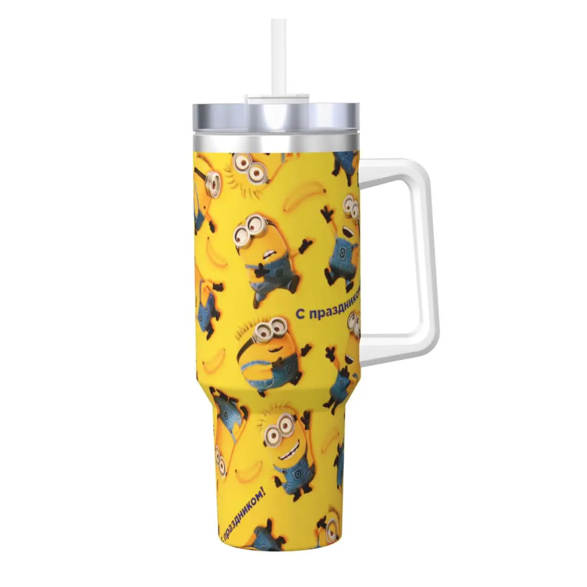 Minions tumbler, side view, showing stainless steel body and lid, with straw inserted.