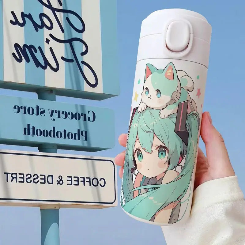 Hatsune Miku 420ML thermos, stainless steel, bottom view with product information.