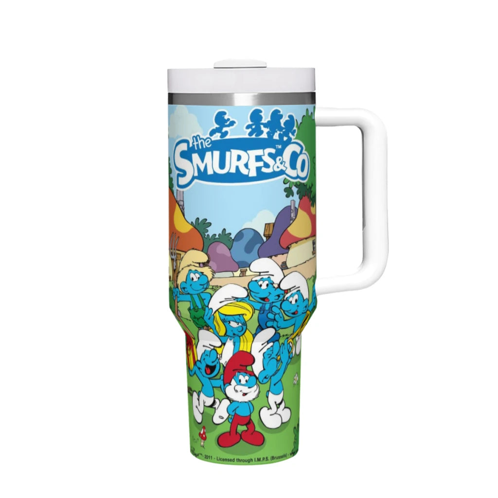 Stainless steel Smurfs tumbler with handle, side view.