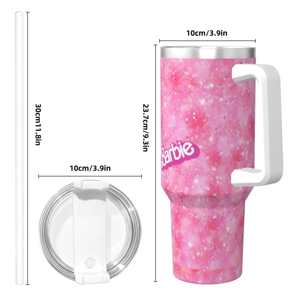 MINISO 40 oz Stainless Steel Tumbler, Barbie Design, Pink, Handle, Straw, Insulated