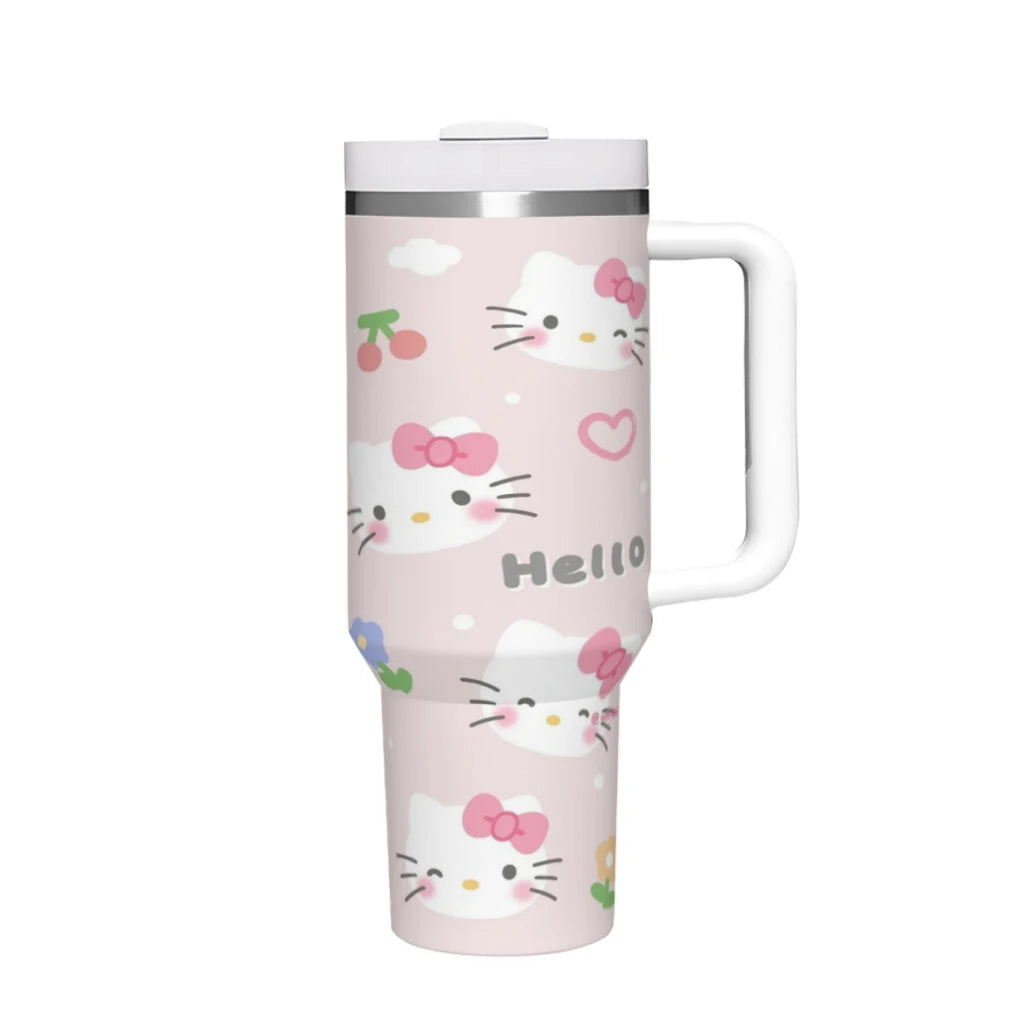 40oz insulated tumbler with Hello Kitty design, handle, straw, stainless steel.