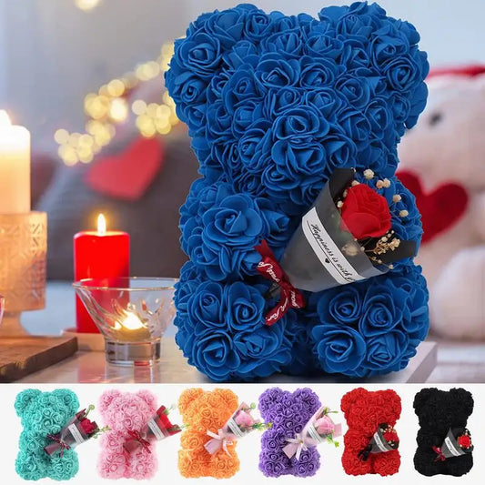 Beautiful red rose bear made of artificial flowers in a clear gift box, perfect for Valentine's Day