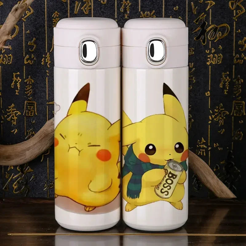 Insulated Pokemon water bottle with Pikachu, showing secure lid.