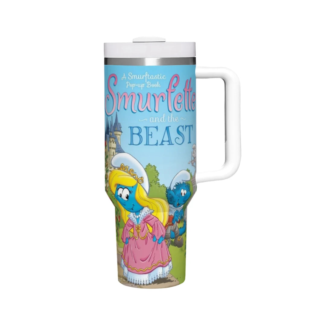 Smurfs 40oz tumbler with handle, blue and white design.