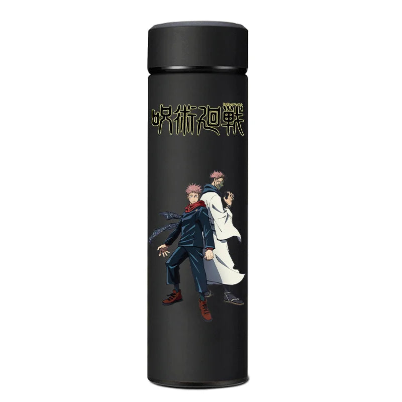 Jujutsu Kaisen thermos, close-up on Gojo, Nobara, and Yuji artwork.