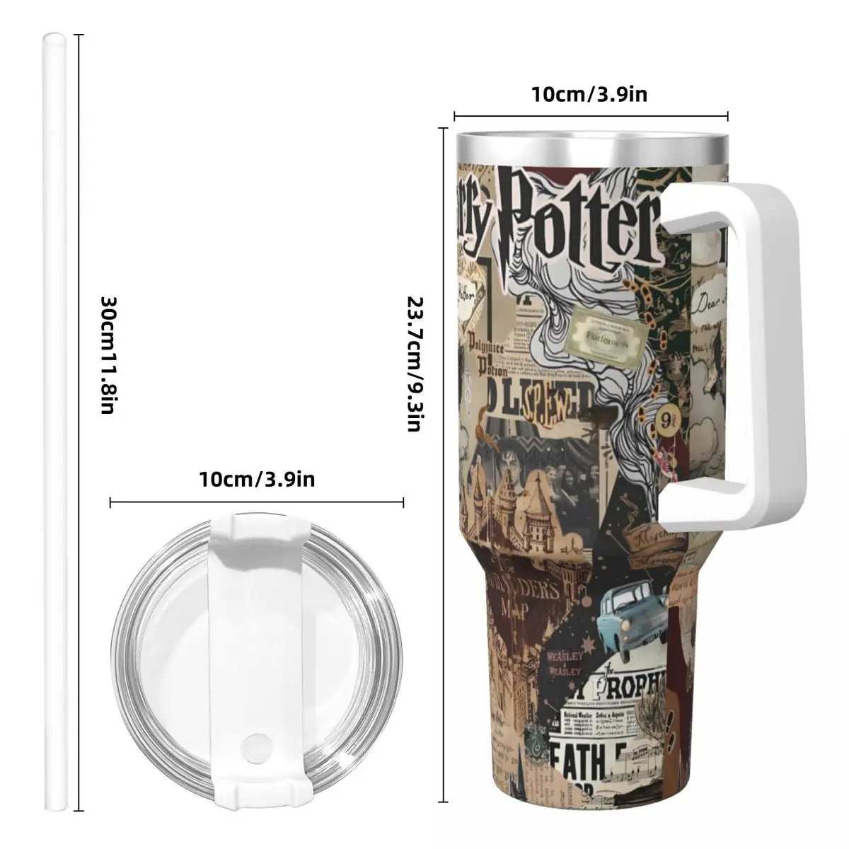 Harry Potter Tumbler Design 5: The personalized Harry Potter tumbler resting on a spell book, showcasing its design alongside other magical accessories. (Places the tumbler in a relevant, evocative scene)