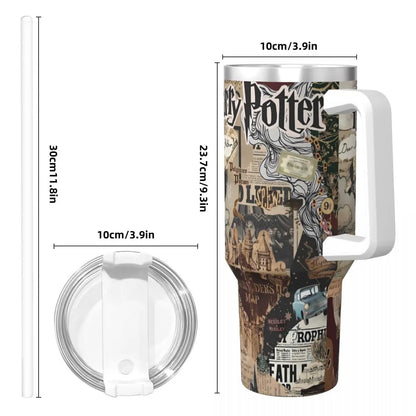 Harry Potter Tumbler Design 5: The personalized Harry Potter tumbler resting on a spell book, showcasing its design alongside other magical accessories. (Places the tumbler in a relevant, evocative scene)