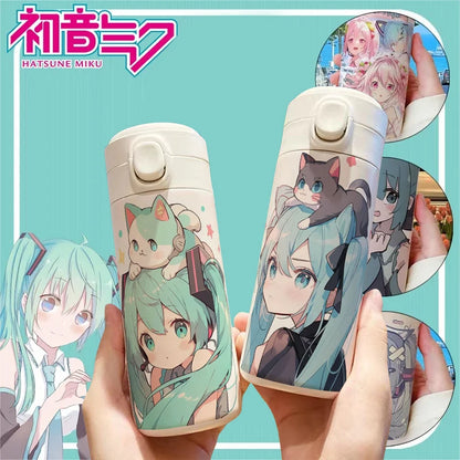 Hatsune Miku thermos featuring a cute anime design, perfect for fans.