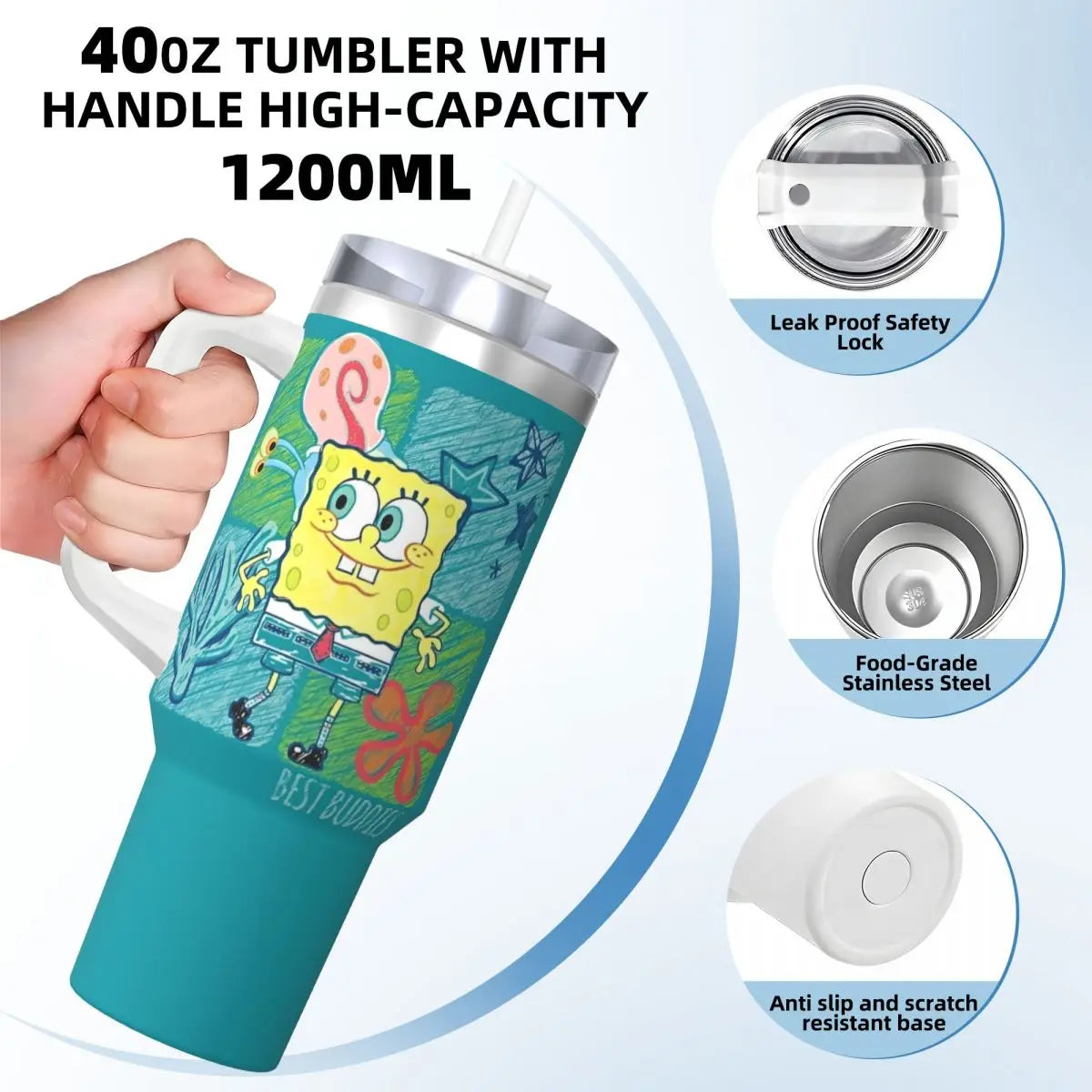 Close-up: Spongebob 3D Tumbler lid with secure, spill-proof seal.