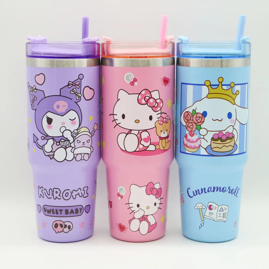 Sanrio Hello Kitty 900ml thermos featuring Kuromi and Cinnamoroll, made of 304 stainless steel