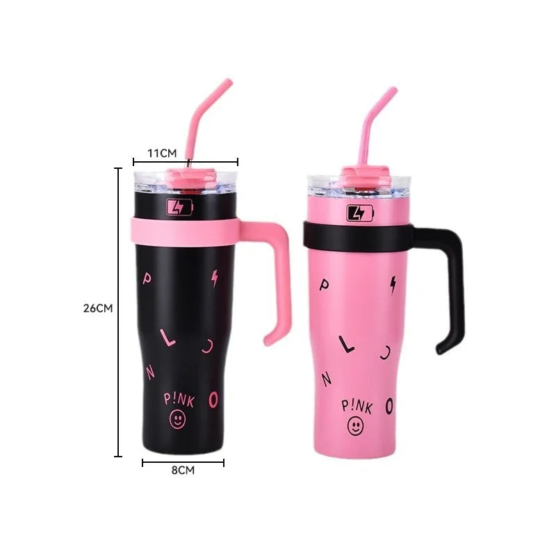 1200ml Large Capacity Thermos Cup 40oz Car Handle Car Cup Cold Insulated Straw Cup Couple Gift Water Cup